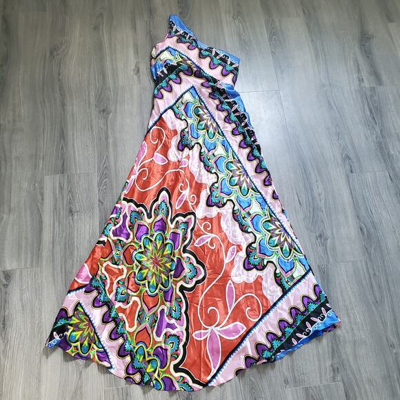Cache Silk Dress Gown 10 One Shoulder Colorful Art Event Wedding Guest Resort - Picture 3 of 12
